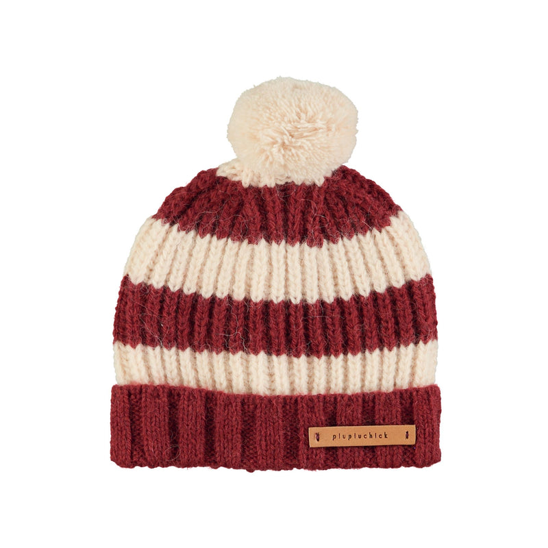 Piupiuchick knitted Hat With Pompon Bordeaux & Light Pink Stripes