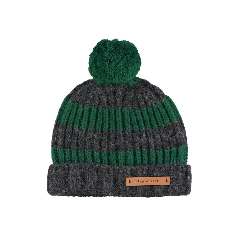 Piupiuchick knitted Hat With Pompon Grey & Green Stripes