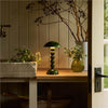 Brandende Addison Ross oplaadbare Bobbin LED lamp in kakigroen op een houten werkblad naast een stenen gootsteen, groene glazen vaas en takken
