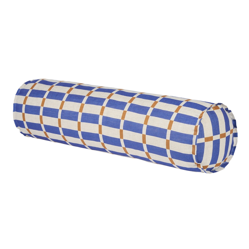 Nobodinoz Cylinder Cushion In French Linen Cliff Blue Mustard Mosaic