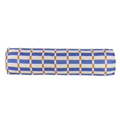 Nobodinoz Cylinder Cushion In French Linen Cliff Blue Mustard Mosaic