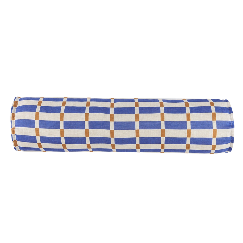 Nobodinoz Cylinder Cushion In French Linen Cliff Blue Mustard Mosaic