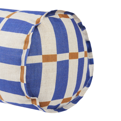 Nobodinoz Cylinder Cushion In French Linen Cliff Blue Mustard Mosaic