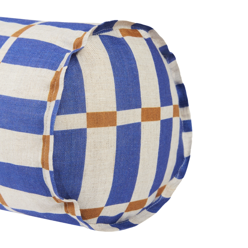 Nobodinoz Cylinder Cushion In French Linen Cliff Blue Mustard Mosaic
