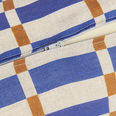 Nobodinoz Cylinder Cushion In French Linen Cliff Blue Mustard Mosaic