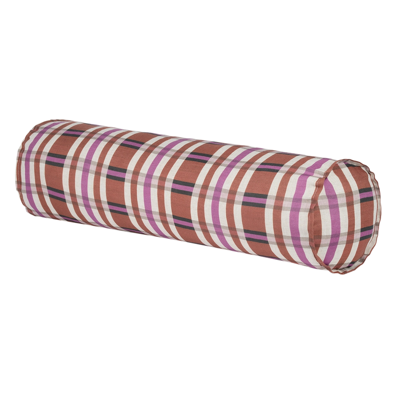 Nobodinoz Cylinder Cushion In French Linen Cliff Brown Tartan