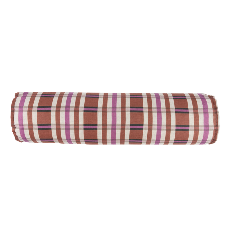 Nobodinoz Cylinder Cushion In French Linen Cliff Brown Tartan