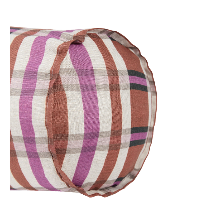 Nobodinoz Cylinder Cushion In French Linen Cliff Brown Tartan