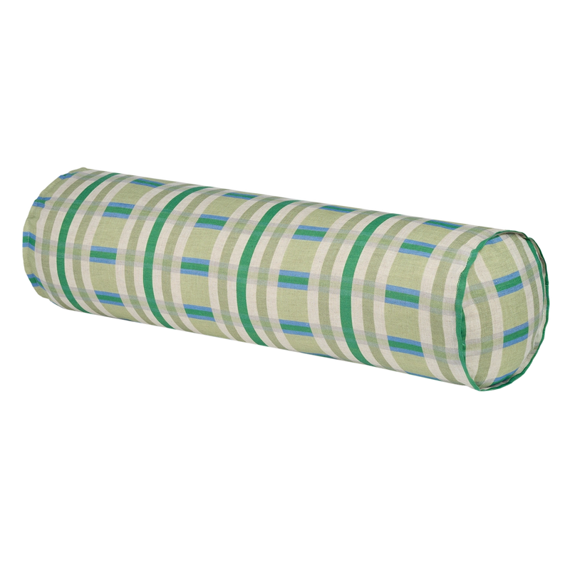 Nobodinoz Cylinder Cushion In French Linen Cliff Green Tartan