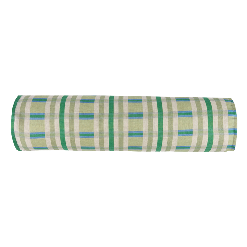Nobodinoz Cylinder Cushion In French Linen Cliff Green Tartan