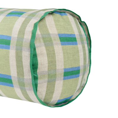 Nobodinoz Cylinder Cushion In French Linen Cliff Green Tartan