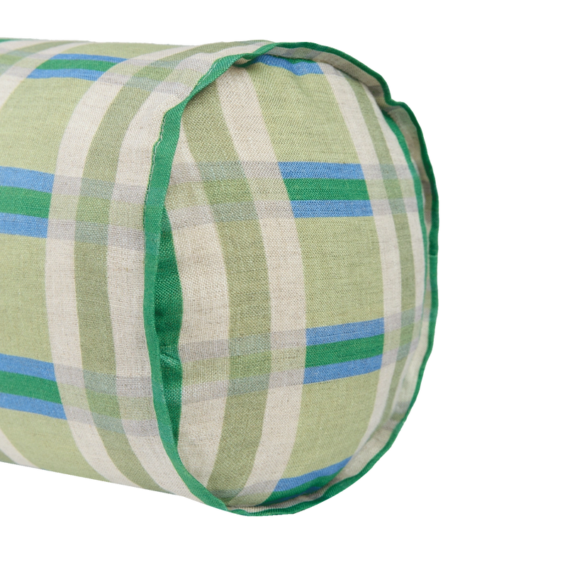 Nobodinoz Cylinder Cushion In French Linen Cliff Green Tartan