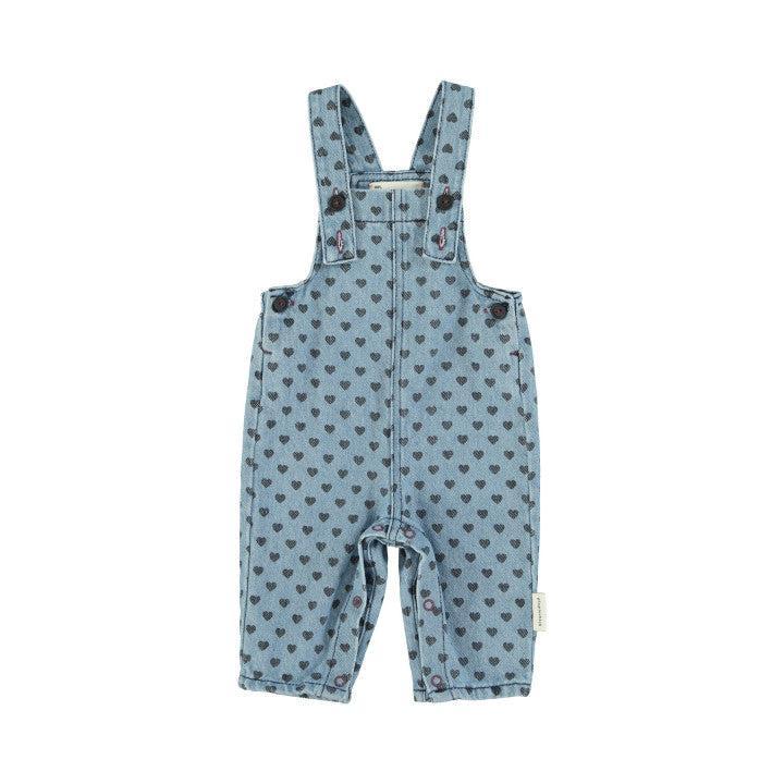 Piupiuchick Baby Dungarees Washed Blue Denim With Black Hearts