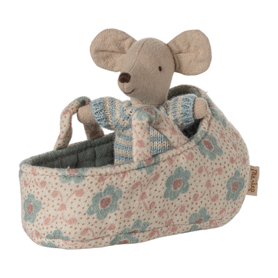 Maileg Baby Mouse In Carry Cot Blue