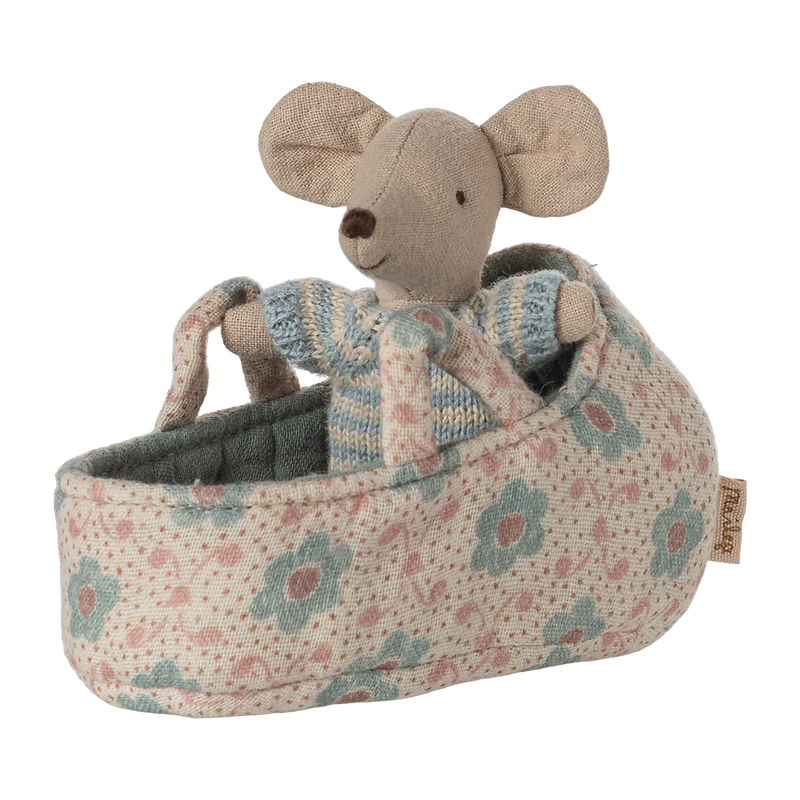 Maileg Baby Mouse In Carry Cot Blue