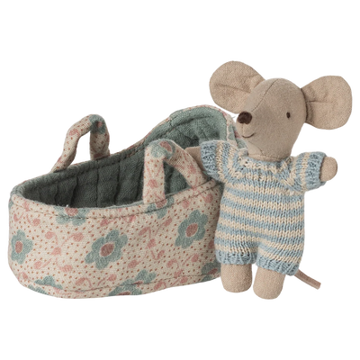 Maileg Baby Mouse In Carry Cot Blue