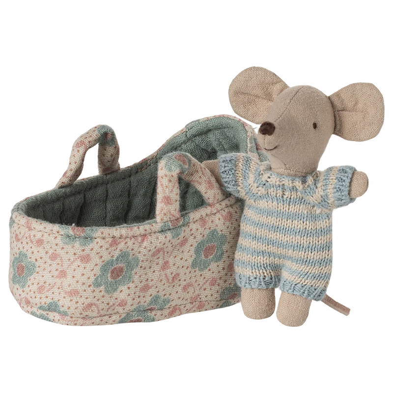 Maileg Baby Mouse In Carry Cot Blue