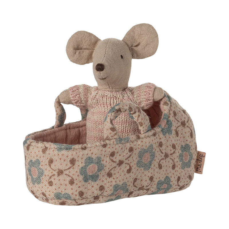Maileg Baby Mouse In Carry Cot Rose