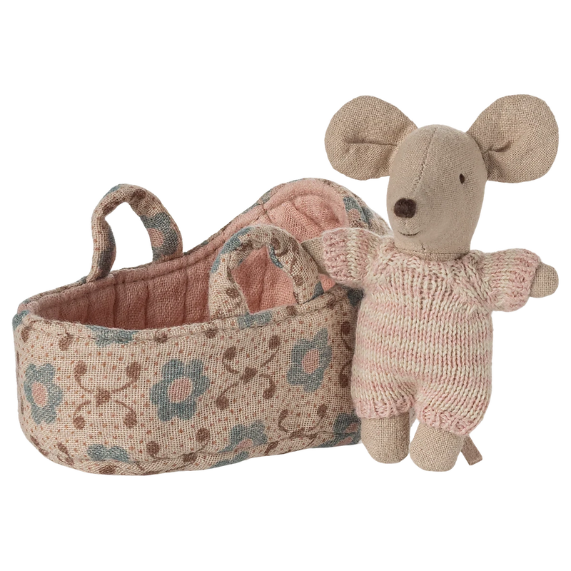 Maileg Baby Mouse In Carry Cot Rose