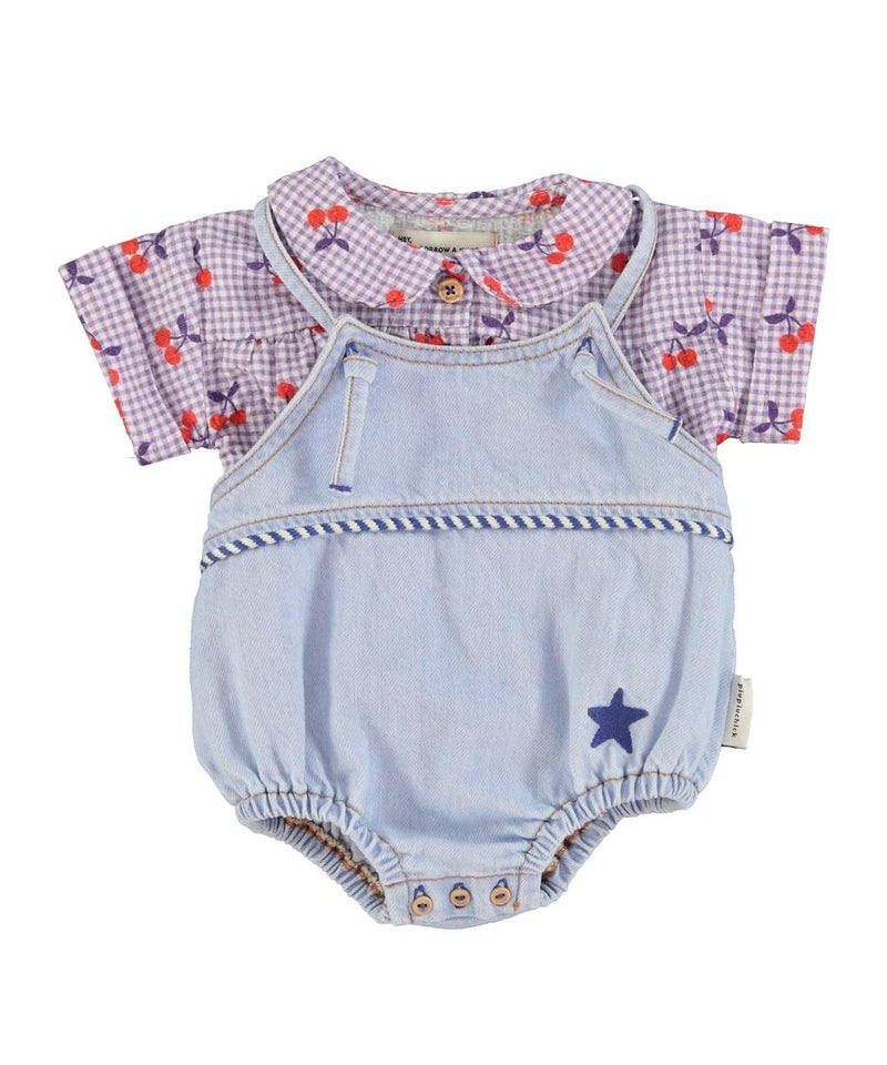 Piupiuchick Baby Peter Pan Collar Shirt Purple/White Checkered With Cherries