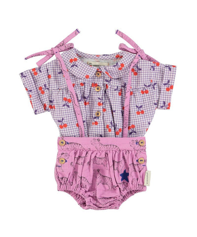 Piupiuchick Baby Peter Pan Collar Shirt Purple/White Checkered With Cherries