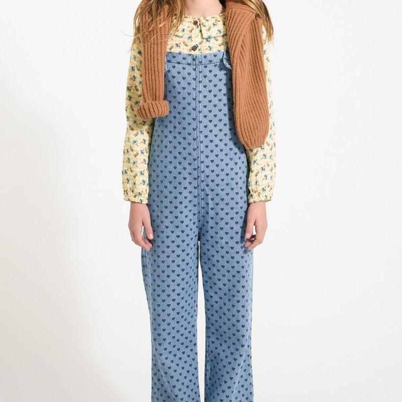 Piupiuchick Dungarees Washed Blue Denim With Black Hearts