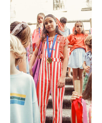 Piupiuchick Dungarees White/Red Stripes With Eighties Print