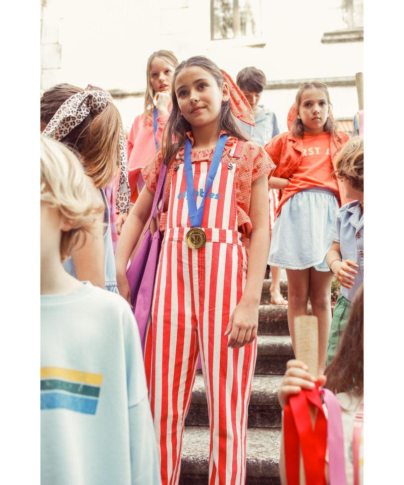 Piupiuchick Dungarees White/Red Stripes With Eighties Print