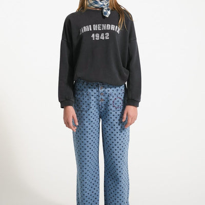 Piupiuchick Flare Trousers Washed Blue Denim With Black Hearts - Studio Play