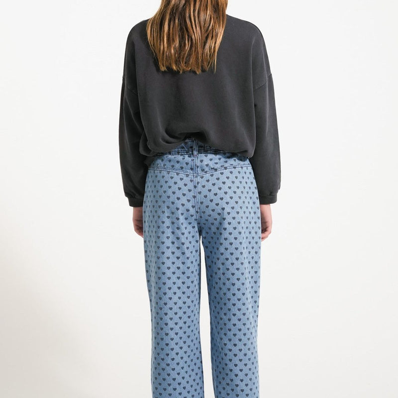 Piupiuchick Flare Trousers Washed Blue Denim With Black Hearts - Studio Play