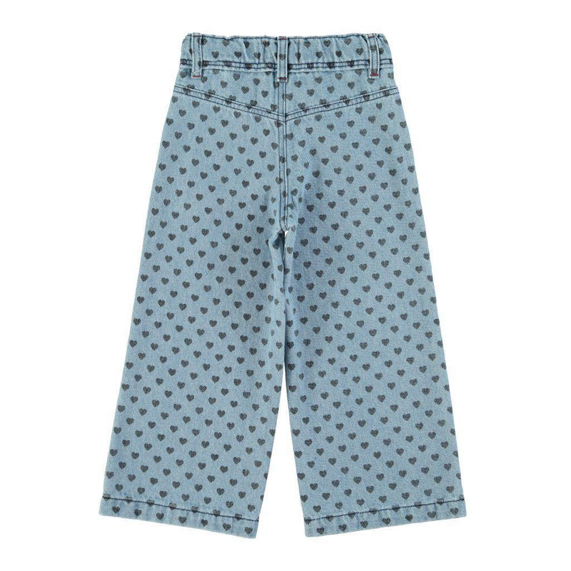 Piupiuchick Flare Trousers Washed Blue Denim With Black Hearts - Studio Play