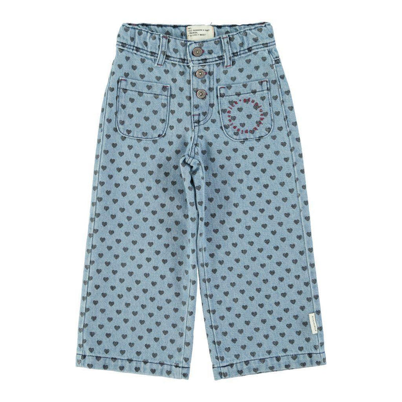 Piupiuchick Flare Trousers Washed Blue Denim With Black Hearts - Studio Play