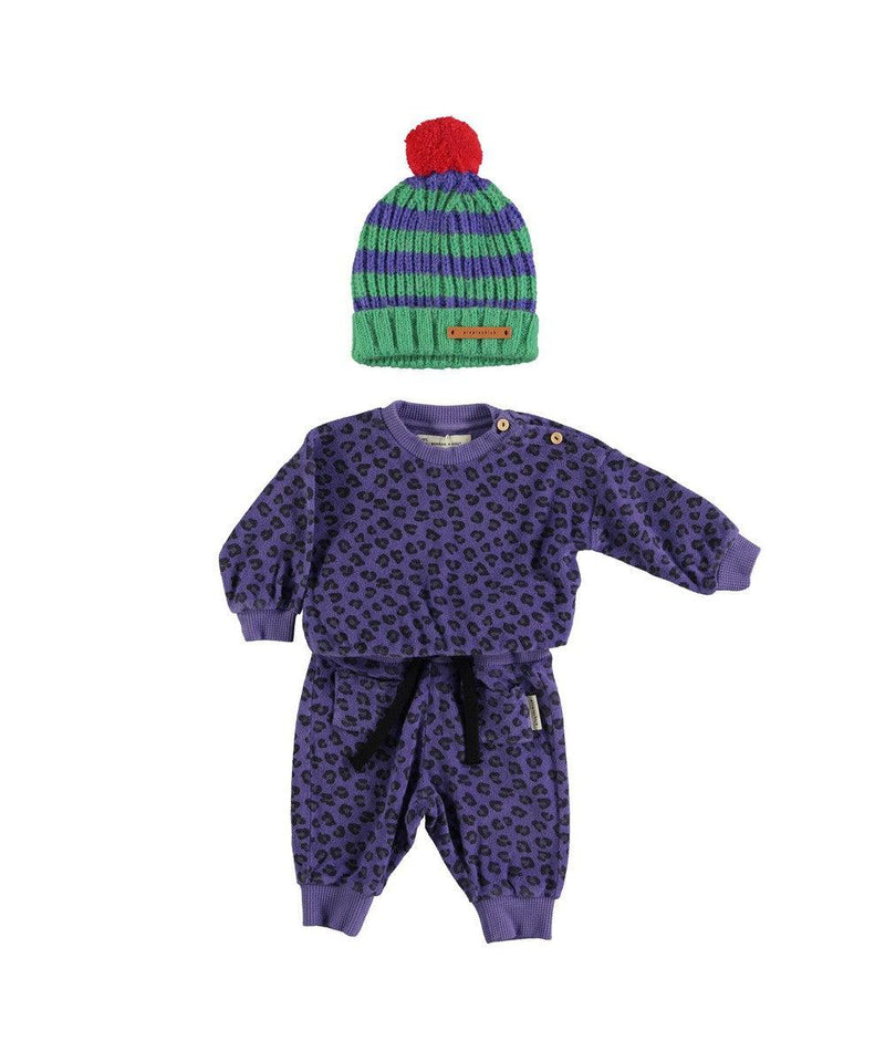 Piupiuchick Knitted Hat Pompon Green & Purple Stripes