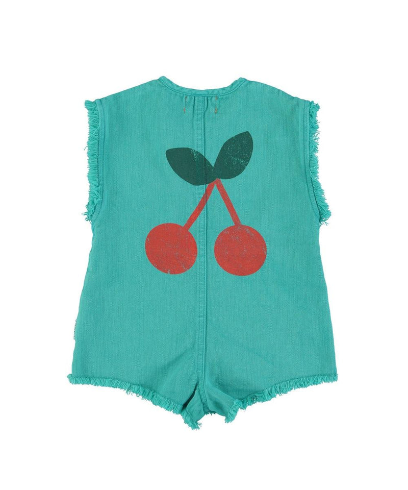 Piupiuchick Short Sleeveless Jumpsuit Turquoise With Cherry Print