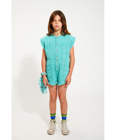Piupiuchick Short Sleeveless Jumpsuit Turquoise With Cherry Print