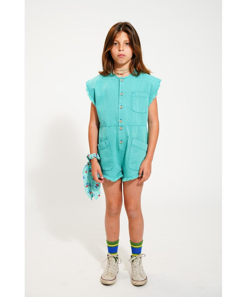 Piupiuchick Short Sleeveless Jumpsuit Turquoise With Cherry Print