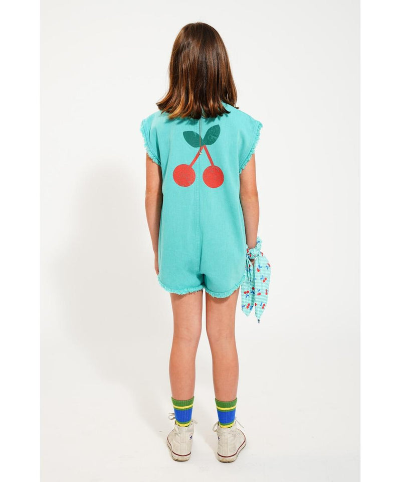 Piupiuchick Short Sleeveless Jumpsuit Turquoise With Cherry Print