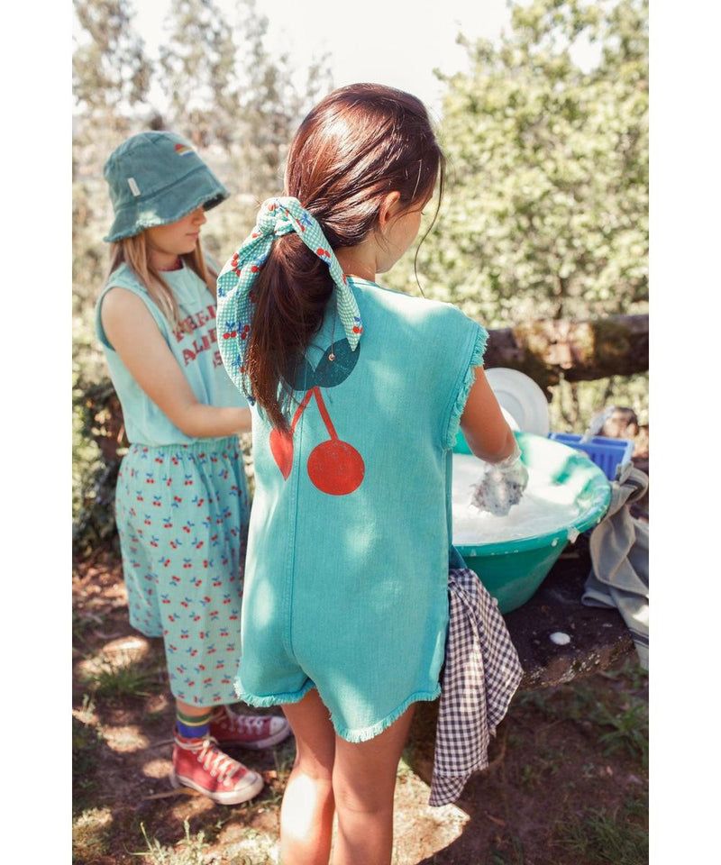 Piupiuchick Short Sleeveless Jumpsuit Turquoise With Cherry Print