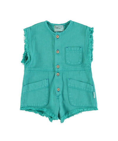 Piupiuchick Short Sleeveless Jumpsuit Turquoise With Cherry Print