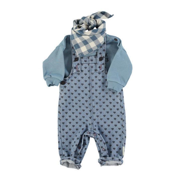 Piupiuchick Baby Dungarees Washed Blue Denim With Black Hearts