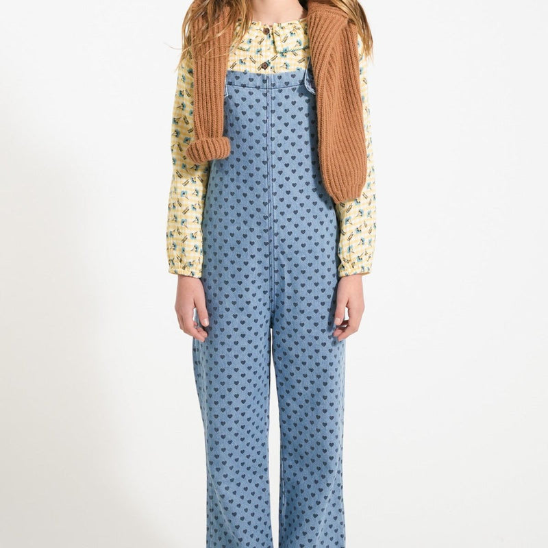 Piupiuchick Dungarees Washed Blue Denim With Black Hearts