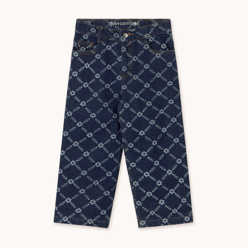 Tiny Cottons Flower Grid Straight Pants Dark Blue Denim